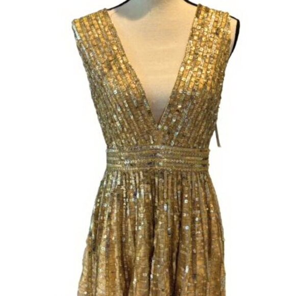 Mac Duggal Beige Gold Plunge A-Line Sequin Beaded Cocktail Minidress